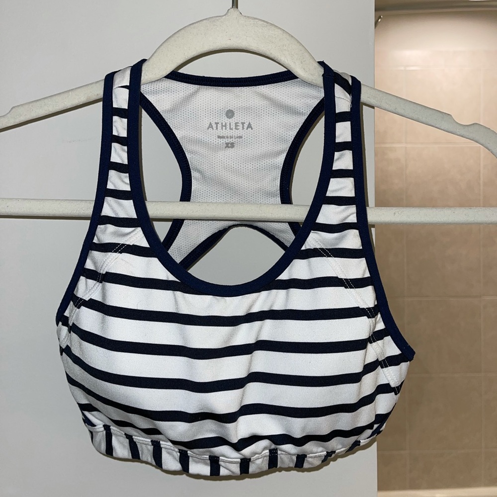 Athleta White and Navy Blue Striped Sports Bra